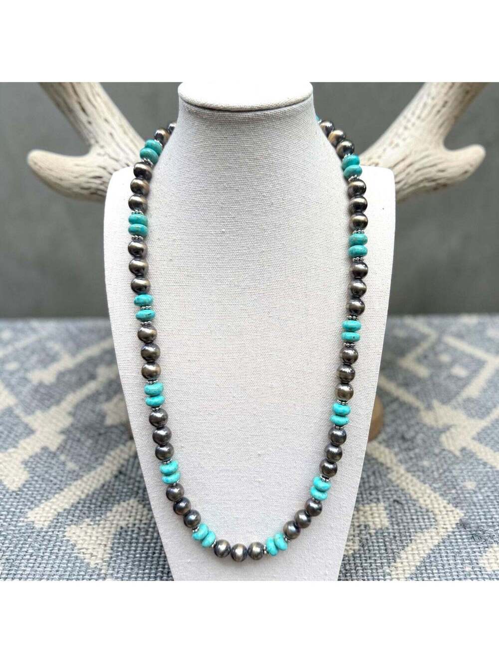 25" 10mm Turquoise & Sterling Pearl Native Strung Necklace